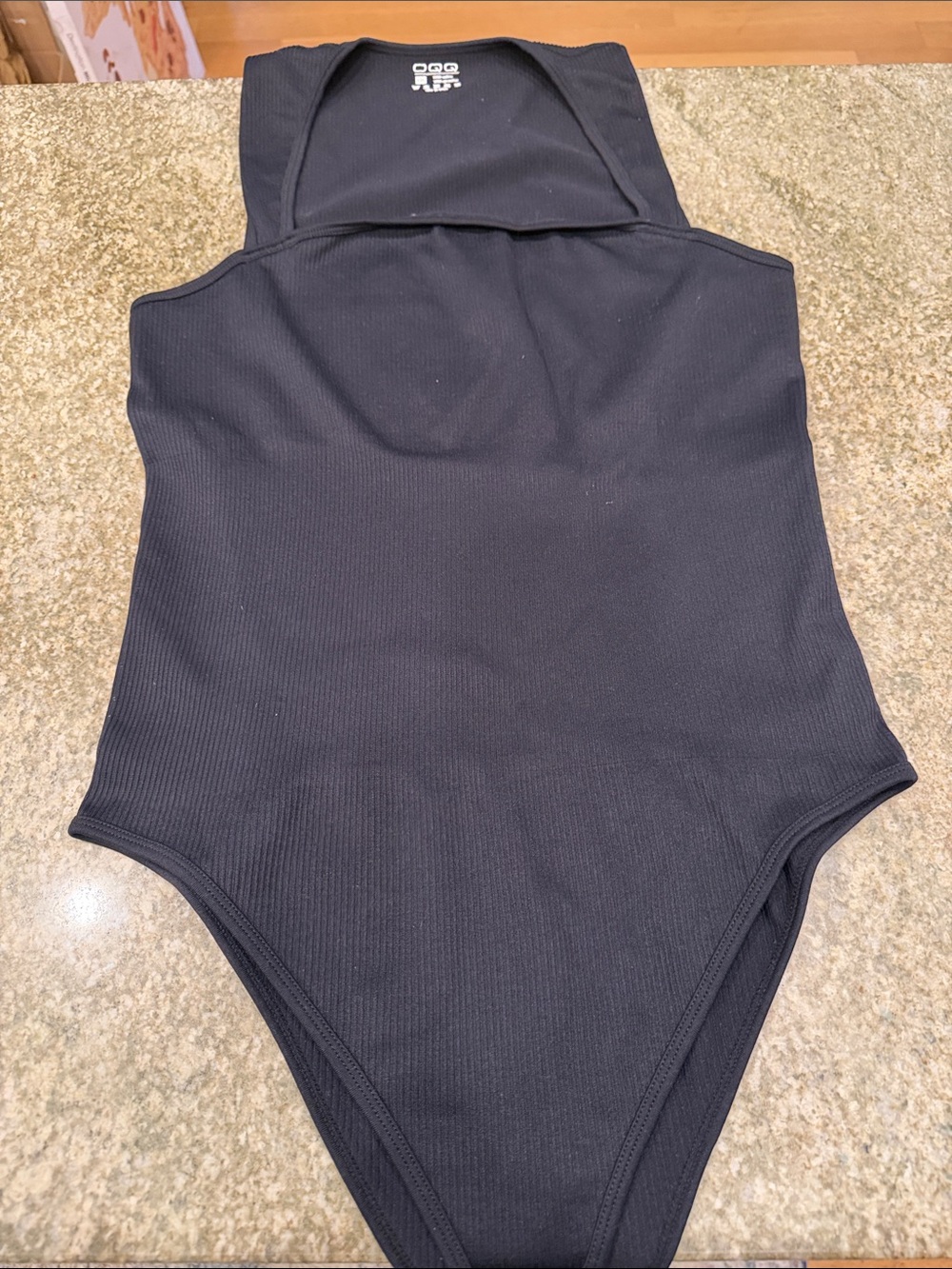 QQQ Women's Black Ribbed Knit Square Neck Bodysuit Size XXL
